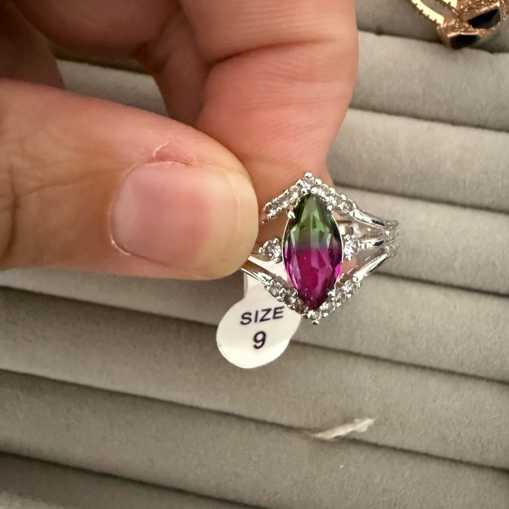 Stunning Silver Ring with Pink and Green Gemstones